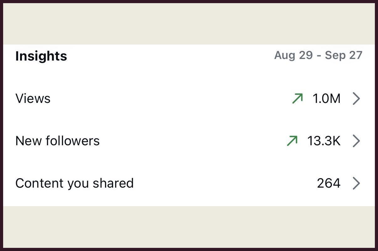 Instagram professional dashboard for one month showing 1.0M views, 13.3K new followers and 264 pieces of content shared