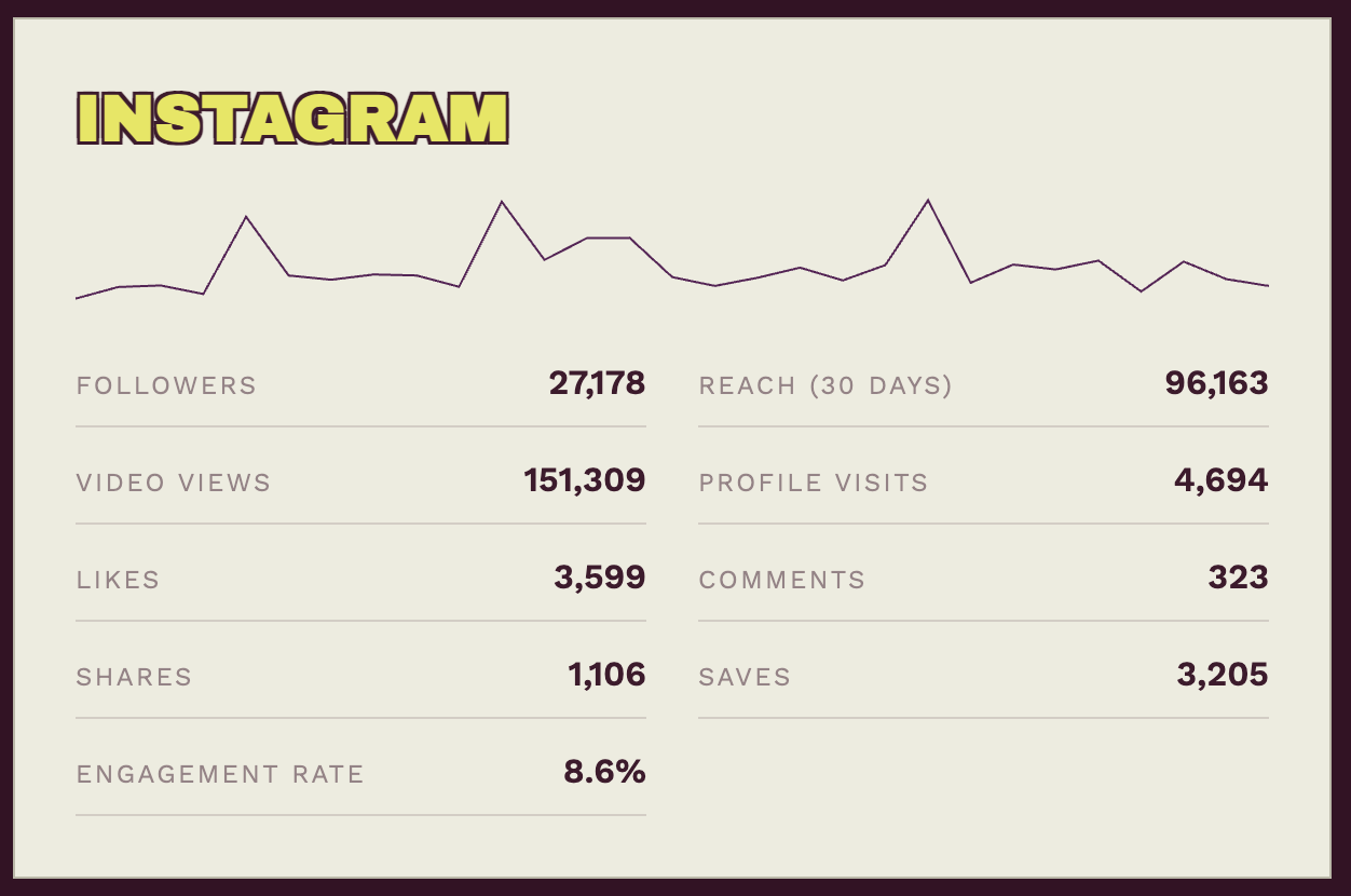 Instagram account overview showing 27,178 followers, 151,309 video views, 3,599 likes, 1,106 shares, 8.6% engagement rate, 96,163 reach, 4,694 profile visits, 323 comments and 3,205 saves